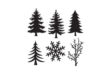 Obraz premium Collection of black silhouette winter elements including pine trees snowflake and branches