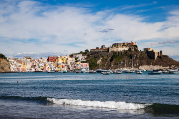 beautiful Procida island with colorful houses in sunny summer day, Italy