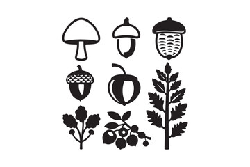 Collection of stylized black and white icons representing forest elements