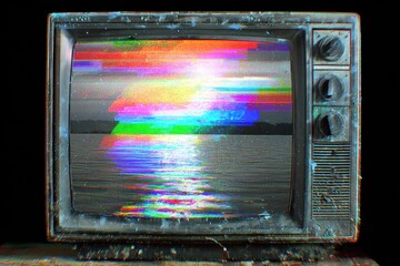 Vintage television displaying a colorful distorted signal with heavy static and glitch effects, giving an impression of technological disruption