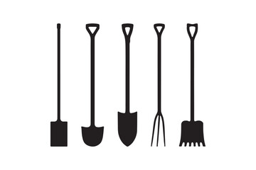 Collection of black silhouette garden tools on a white background