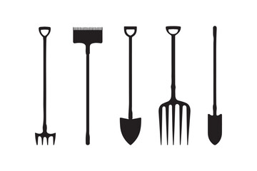 Collection of black silhouette garden tools on a white background