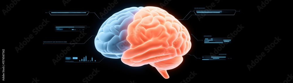 Poster visualization of human brain in blue and red colors with data analysis and digital interface element