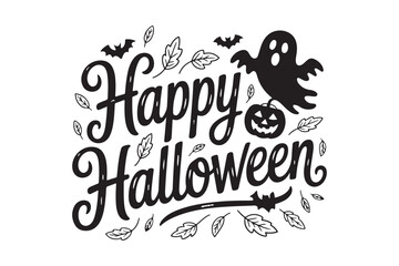Happy halloween decorative text with ghost pumpkin bats and leaves