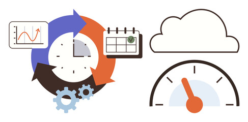 Arrows encircling a clock and gears, calendar with checkmark, cloud, and speedometer gauge. Ideal for time management, efficiency, planning, cloud tasks, data speed productivity simple flat © robu_s
