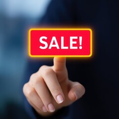 Hand Pointing at Sale Sign in Bright Red Background for Promotions and Discounts in Retail Advertising