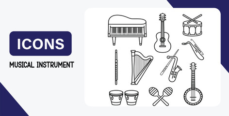 Obraz premium Collection of Musical Instrument Icons Piano, Guitar, Drums, Saxophone, Harp, and More