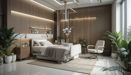 Fototapeta premium Serene hospital room with modern design, featuring a comfortable bed, plants, and natural light.
