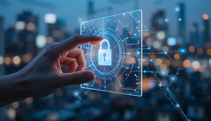 A hand touches a digital screen displaying a padlock, representing cybersecurity, data protection, and privacy in a modern urban environment