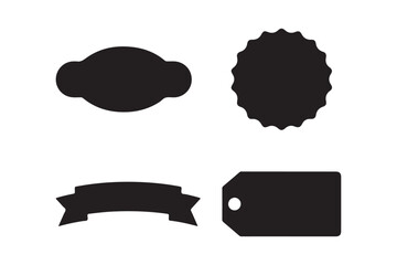 Collection of four black silhouetted shapes including a tag and ribbon