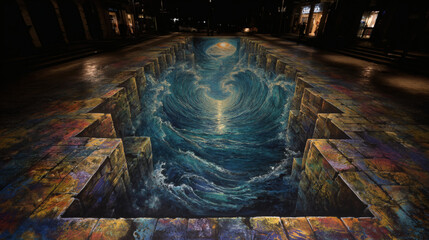 Fototapeta premium Amazing 3D street art depicting a realistic ocean scene with massive waves.