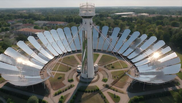 Aerial view of a unique solar power plant. The design features a central tower surrounded by numerous parabolic mirrors reflecting sunlight. This innovative technology harnesses renewable energy
