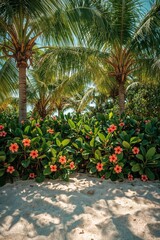 Tropical Garden with Colorful Flowers and Palms