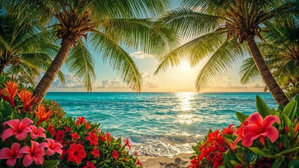 Tropical Beach with Sunset and Palm Trees