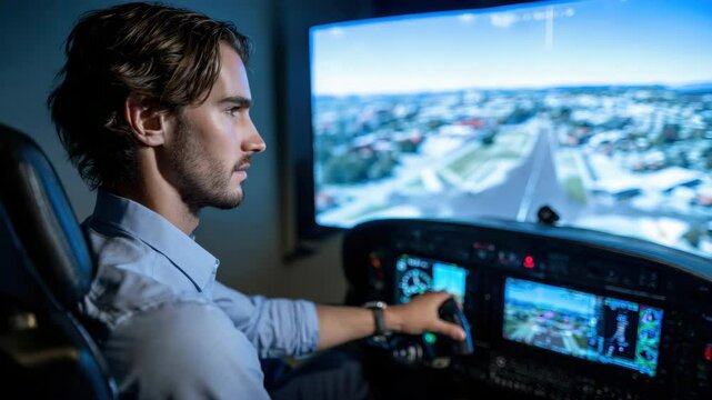 Young man pilot training modern flight simulator cockpit with digital instrument panel, realistic runway view, aviation learning, professional training, digital instrument navigation, cockpit