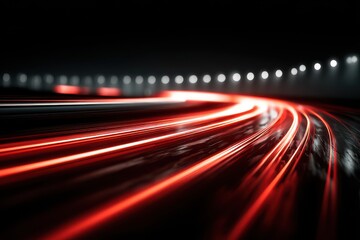 Radiant red light traces speed along dark road at night, revealing motion and the curve of Highway One in California