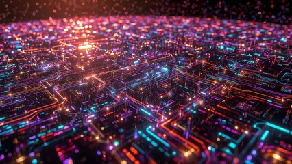 Futuristic Digital Cityscape with Vibrant Lights