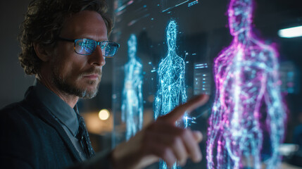A scientist examines a futuristic interface, analyzing human anatomy with advanced medical technology.