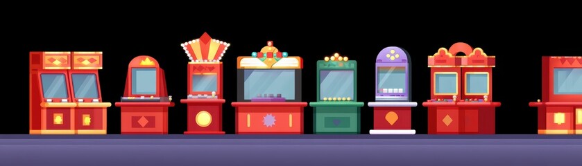 Colorful Slot Machines in a Row Displaying Classic Casino Gaming Elements and Bright Designs