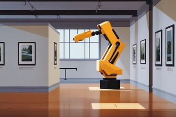 Robotic Arm in Modern Art Gallery with Framed Pictures on White Walls and Stylish Wood Flooring