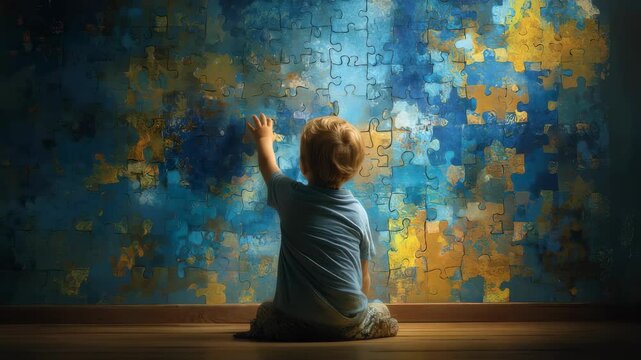 A serene scene featuring a young boy with autism sitting against a whimsical jigsaw puzzle wall capturing a moment of tranquility. The combination of his solitude and the vivid wall