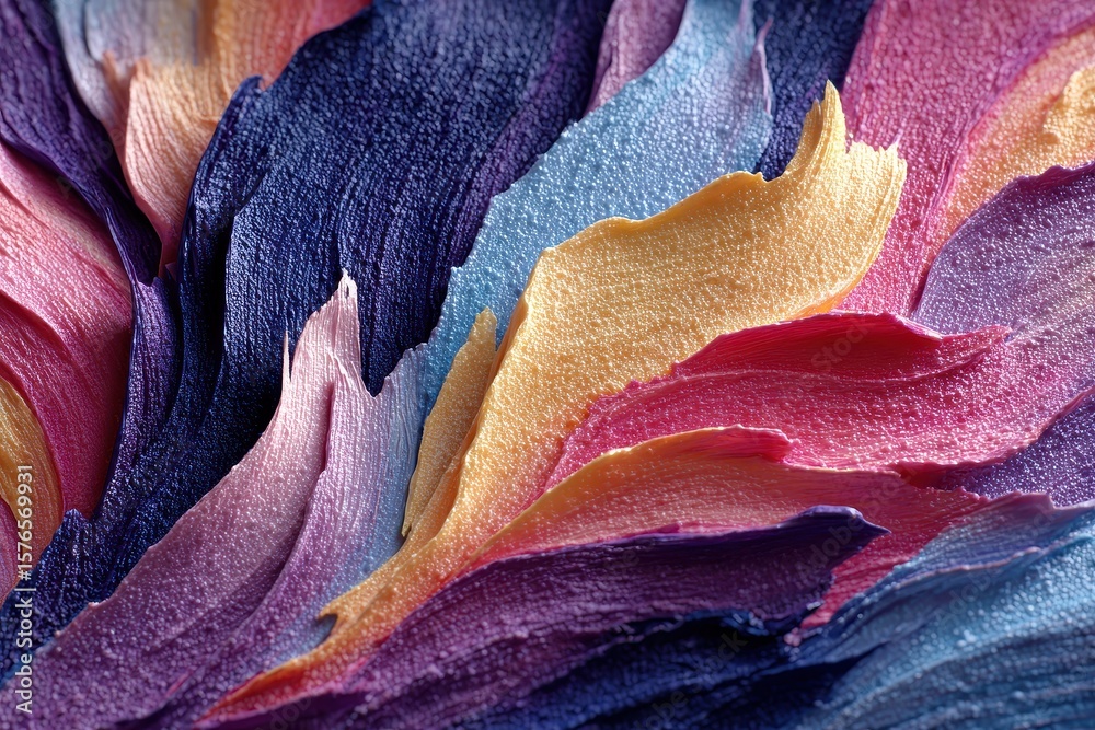 Poster Abstract colorful flower-like shape with flowing curves creating a textured pattern on a gray surface