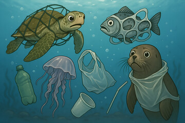 Marine Animals Trapped in Ocean Plastic Pollution