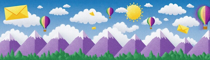 Colorful Hot Air Balloons Over Purple Mountains with Whimsical Clouds and Yellow Envelopes in Bright Blue Sky