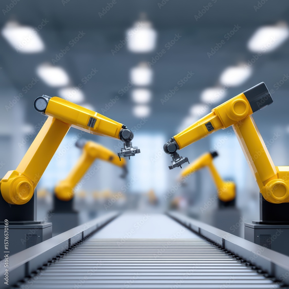 Poster automated industrial robots working on assembly line in modern factory setting with yellow and gray 