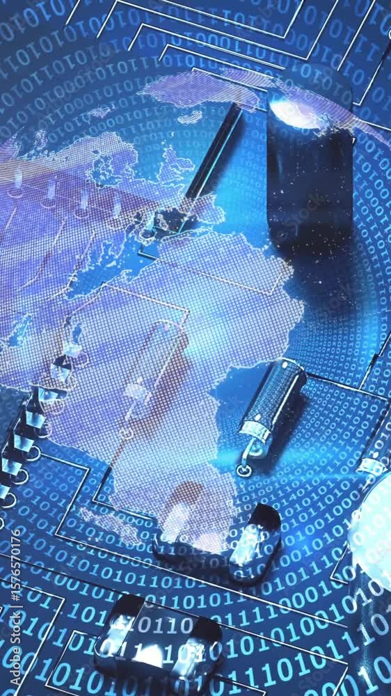 Poster animation of spinning globe over computing board and binary coding
