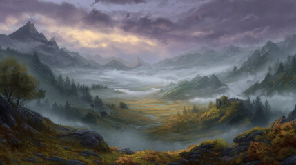 A stunning landscape featuring mountains, mist, and a mysterious castle.