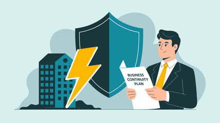manager reviewing a business continuity plan to protect from disaster, vector illustration for corporate risk management, disaster recovery strategy and emergency preparedness