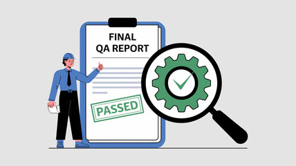 qa inspector with a final passed report on a clipboard, vector illustration for quality assurance completion, product testing and industrial standard inspection