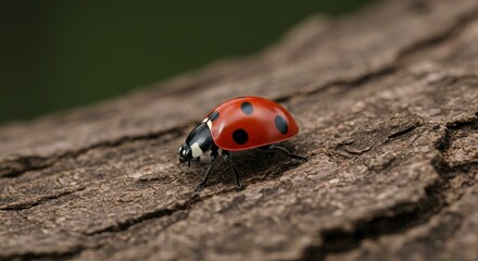Ladybugs stroll A red beetle navigates rugged bark under soft light