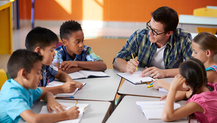 Teacher guiding diverse students during classroom lesson learning education