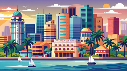 Obraz premium Luanda, Angola – Oceanfront skyline glimmers in soft light. Colorful colonial buildings face the sea, where palm trees line boulevards and urban life pulses through coastal charm.