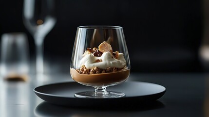 Delightful coffee mousse served in an elegant glass at a contemporary dining setting
