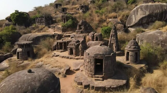 An aerial view of jain temples in india, showcasing the ancient architecture, stone structures, and cultural heritage of this historical religious site