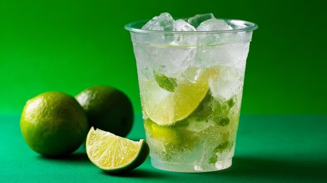 mojito in plastic cup with lime wedge on vibrant green background