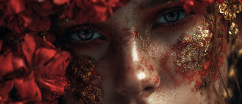 Closeup Portrait With Gold Leaf Face Art
