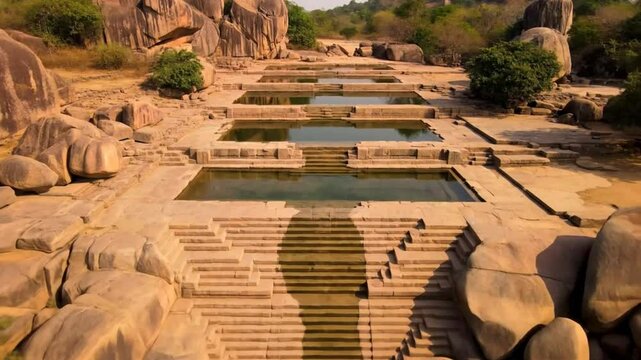 An aerial view of an ancient stepwell in india, showcasing its unique architecture, stone structure, and historical significance within a natural landscape