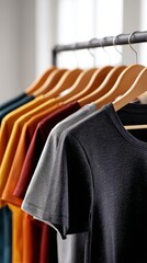 Obraz premium Display of Colorful T-Shirts Hanging on Wooden Hangers in a Bright Store