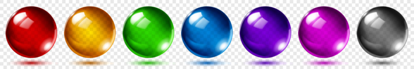 Set of translucent spheres of different bright colors with highlights and shadows on transparent background, vector illustration for design projects and creating creative works.