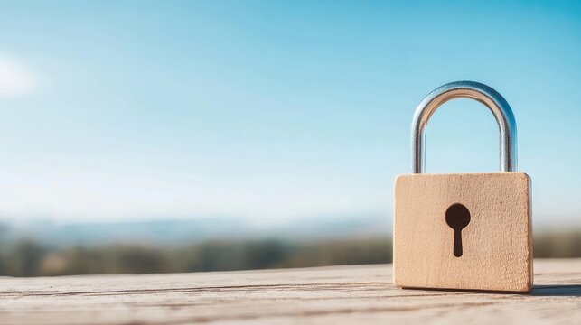 Padlock on wooden surface against blue sky - Powered by Adobe