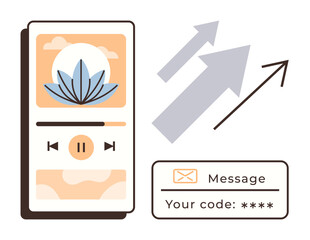 Phone screen with floral media design, arrows indicating upward trends, and message box displaying secure code. Ideal for media, tech, communication, data growth, trends, security mindfulness
