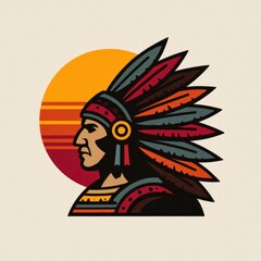 Fototapeta premium Native American Profile Against a Sunset