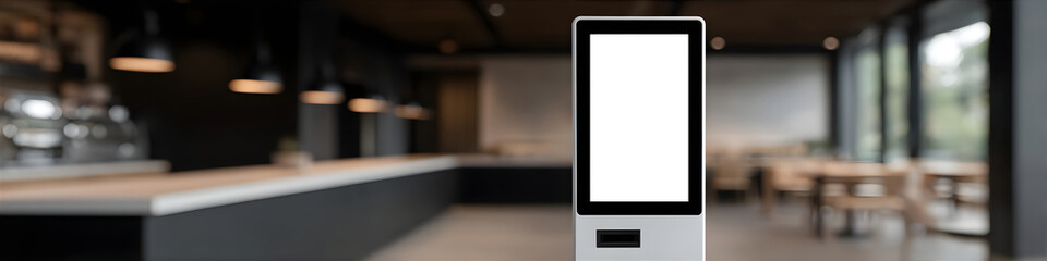 Blank digital information display screen standing on a counter in a modern blur cafe. Mockup for advertising media signage.