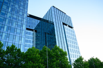 Bright modern skyscrapers with reflective glass facades rising above lush green trees under a clear sky — ideal for corporate power, finance, urban growth, and technology themes.