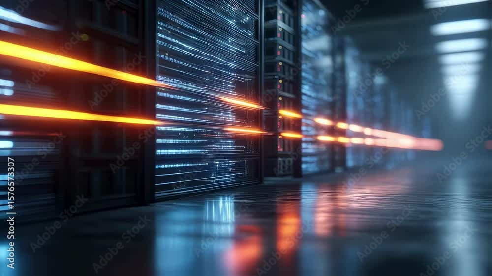 Poster brightly lit server racks a closeup of a servers glowing interfaces amidst a backdrop of sleek moder