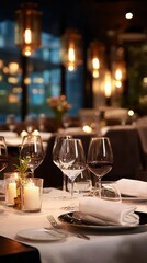 Elegant Dining Setup With Candles and Wine Glasses in a Cozy Restaurant at Dusk